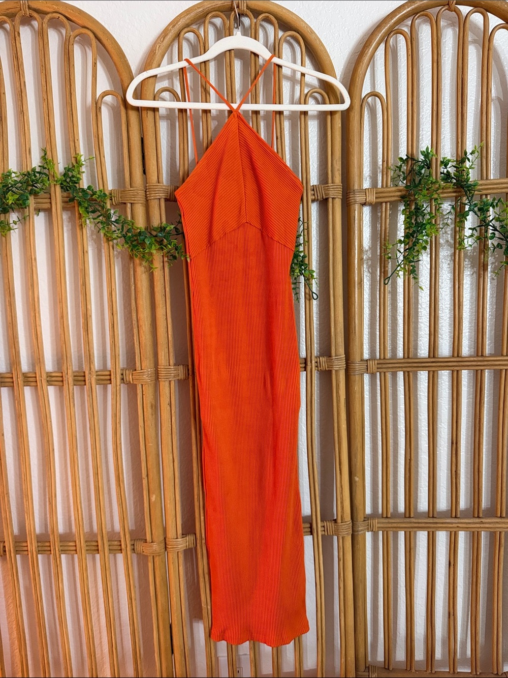 ZARA Orange Ribbed Halter Midi Dress